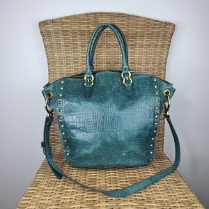 orYANY Dark Green Croc Embossed Gold Studded Leather Handbag With Shoulder Strap